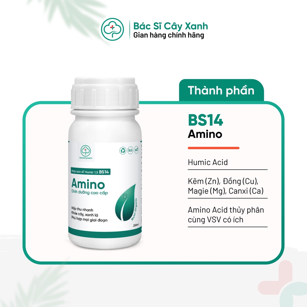 Phân bón lá Humic Amino bổ sung vi lượng giúp cây khoẻ, xanh lá, mập chồi, nhú đọt BS14 250ml NSX Bacsicayxanh
