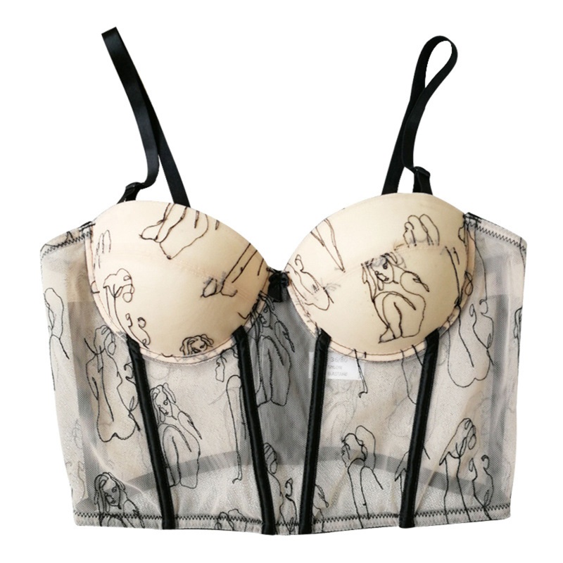 Brroa Áo Nịt Ngực Lưới Mỏng Gợi Cảm In Hình Chân Dung Làm Đẹp Trừu Tượng Nâng Ngực Cho Nữ Ves