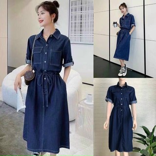 [Ảnh thật cuối] Đầm jean denim sơmi rút dây eo