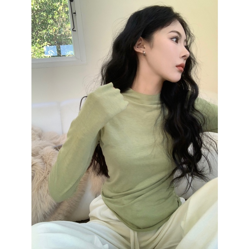 Áo Thun Tay Dài Cổ Cao Màu Sắc Đơn Giản Cho Nữ