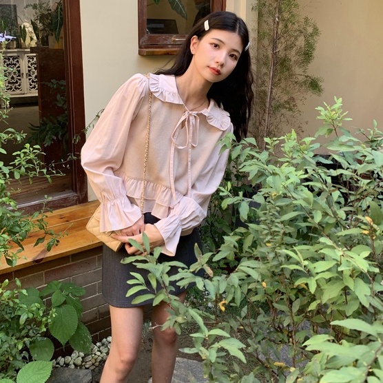 Áo sweater ZHELIHANGFEI tay dài lưng cao dáng ôm phối bèo phong cách Nhật Bản trẻ trung cao cấp