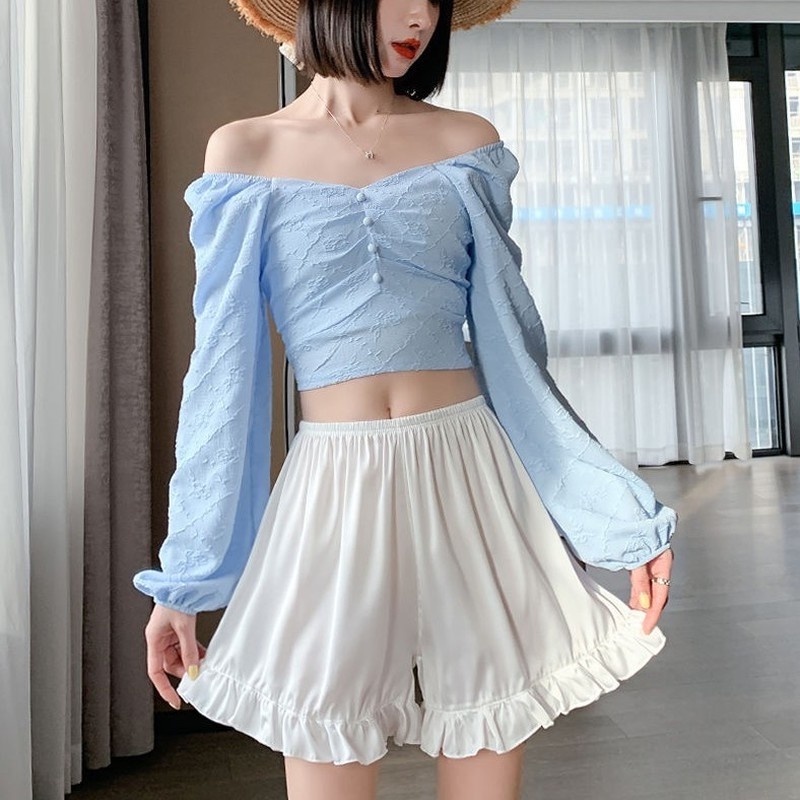 Quần Short An Toàn Mặc Dưới Váy Bằng Lụa Satin Viền Ren Bèo Màu Trắng / Đen Cho Nữ