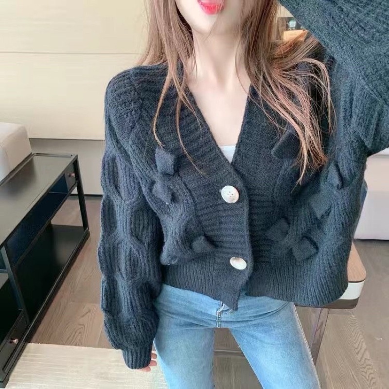 Áo len cardigan ngắn phối nơ dáng ngắn