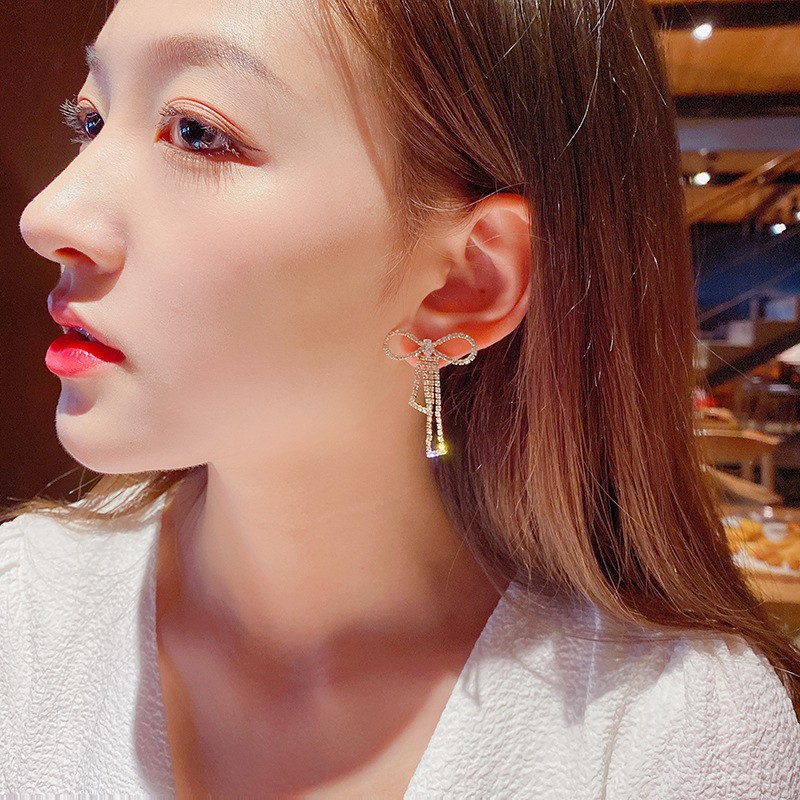 Bông Tai Mạ Bạc 925 Hình Nơ Đính Đá Zircon Sang Trọng