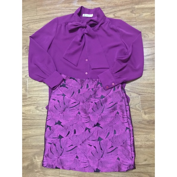 Thanh lý set áo nơ dài tay mix chân váy chữ A phong cách tiểu thư công sở