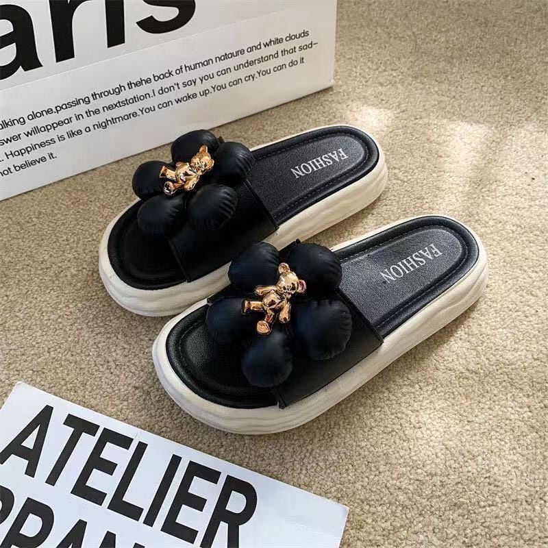 JY376-D1 HOA PHỐI GẤU NÂU Dép  nữ quai ngang dễ thương cực xinh  bánh mì   đế 5p nâng gót vintag cho nữ