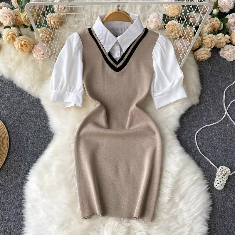 [L2M] Đầm BODY len nữ Montoghi phong cách GILE kiểu 2 lớp phối cổ sơ mi tay bồng hàng Quảng Châu thanh lịch và xinh xắn