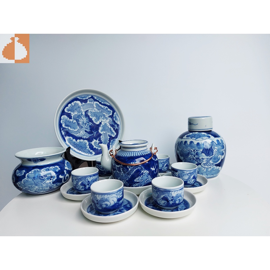 Bộ ấm chén men lam Cảnh Long Ẩn