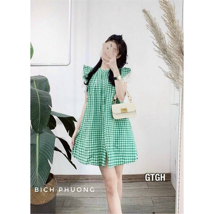 (Miễn Phí Ship 2022) Đầm nữ from suông,đầm caro tay cánh tiên phối màu xinh xĩu,tone màu xanh hottren tôn da