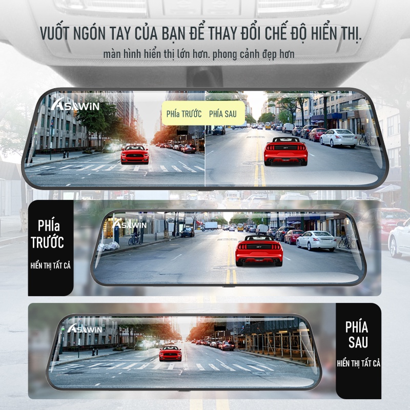 Camera hành trình ASAWIN H5C Kính chiếu hậu 10inch màn hình cảm ứng ống kính kép trước và sau HD 1080P tầm nhìn ban đêm