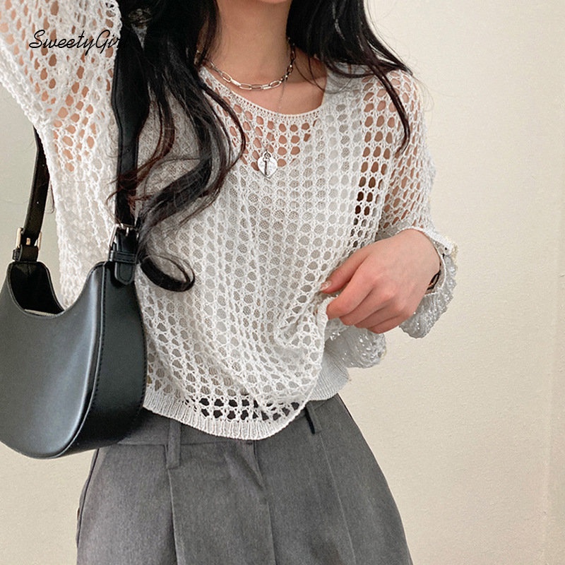 MsMona SweetyGirl Women's 2022 Fashion Solid Color Black Round Neck Long Sleeve Knitted Hollow Out Loose Fit Sexy All Match Casual T-shirt Tops