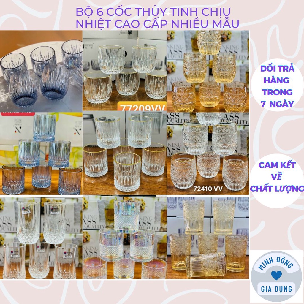 Bộ 6 cốc thủy tinh hiện đai cao cấp nhiều mẫu, Ly thủy tinh vân sóng xanh chịu nhiệt cao cấp 1 hộp 6 cốc
