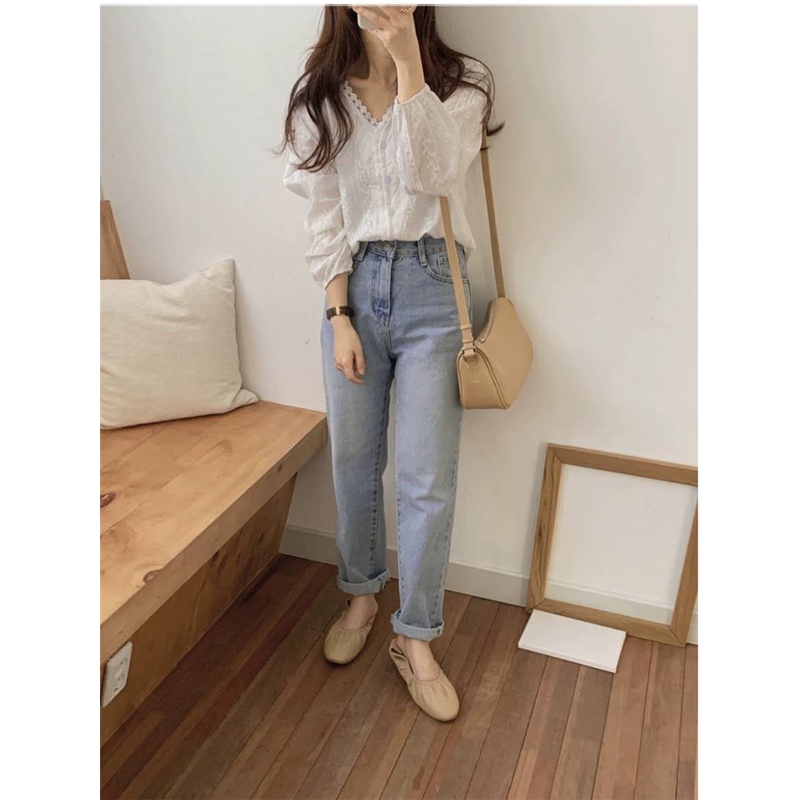Áo Cotton DàI Tay Cổ Chữ V PhốI Ren Hoa ThờI Trang Cho Nữ