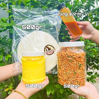 Combo size đại tặng sốt mỹ vị bánh tráng phơi sương 500gr, muối tép hành phi 500gr, bơ 500gr
