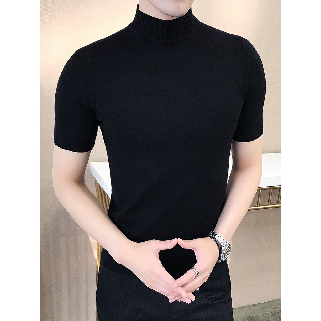 Áo Dệt Kim Tay Ngắn Cổ Lọ Dáng Ôm Phong Cách Hong Kong Thời Trang Cho Nam