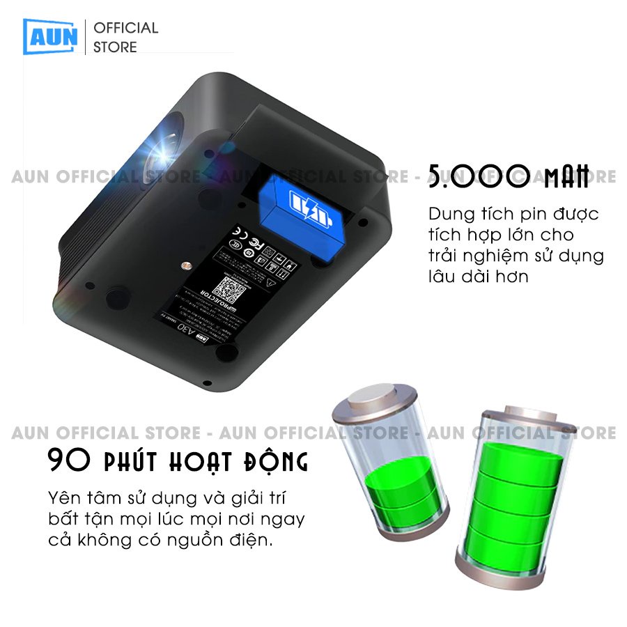 Máy chiếu mini AUN A30c Pro - Độ sáng 3.000 lumens - Tích hợp pin 5.000 mAH - Bảo hành 12 tháng