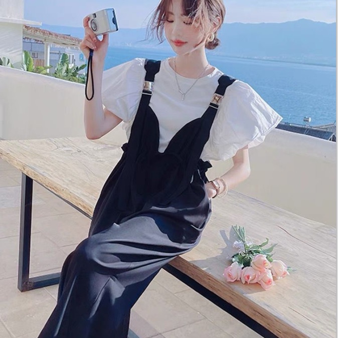 Jumpsuit Áo Thun Trắng Tay Lá Sen + Quần Yếm Lưng Cao Dáng Rộng Thời Trang Mùa Hè Phong Cách Phương Tây Cho Nữ