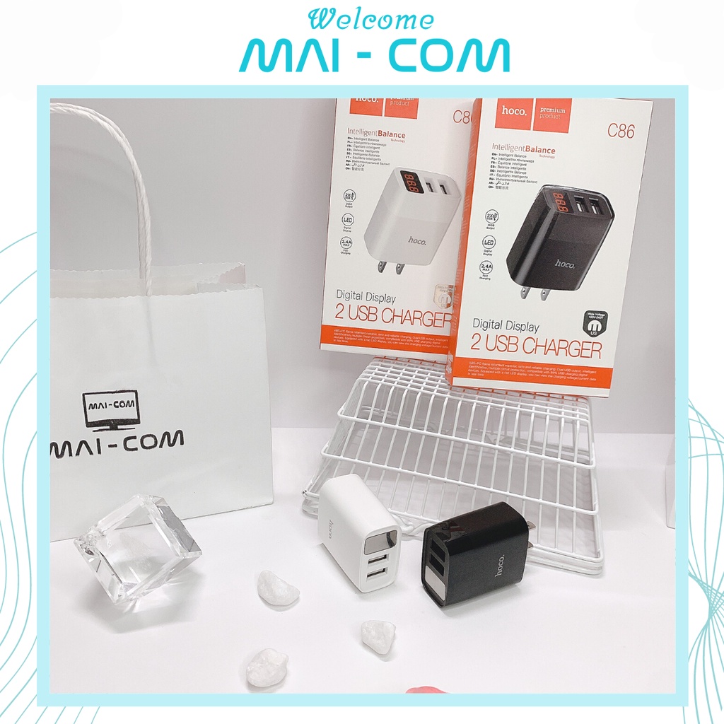 {MAI - COM} Cốc sạc 2 cổng Hoocoo C86- MAX 5V-2.4A (12W) - màn hình LCD hiển thị điện áp - Bảo hành chính hãng