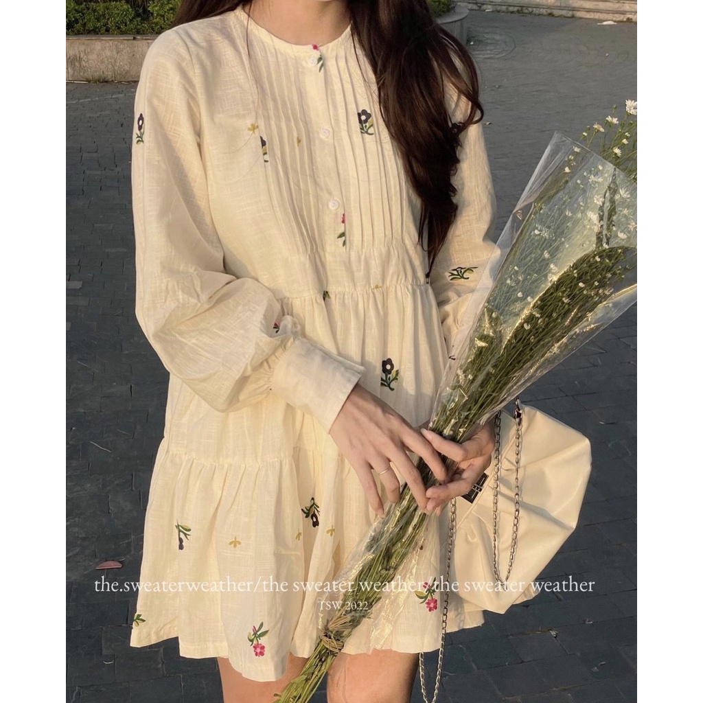 [Sẵn/Ảnh thật] Váy babydoll hoa nhí cổ tròn dài tay xếp ly ngực siêu xinh