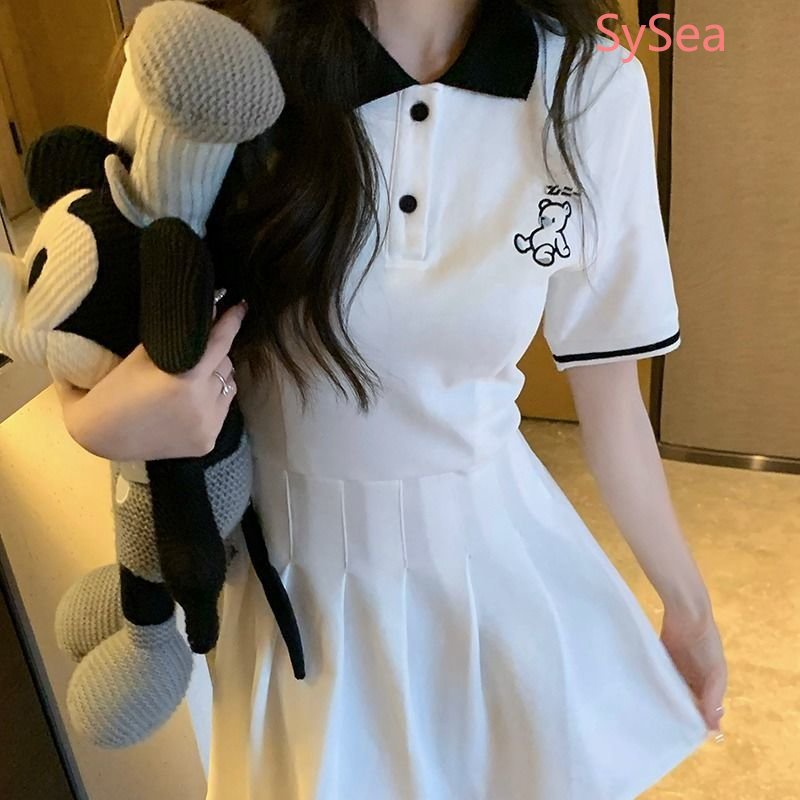 Đầm Xếp Ly Cổ Polo Thêu Họa Tiết Thời Trang Mùa Hè Hàn Quốc Cho Nữ