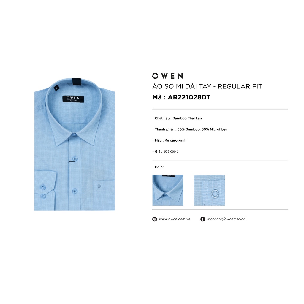 Áo Sơ Mi Dài Tay Nam OWEN AR221028DT Somi Công Sở Vải Sợi Tre Cao Cấp Màu xanh kẻ caro nhỏ Dáng SuôngTà Lượn Có Túi