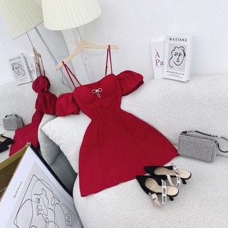 ĐẦM ĐỎ 2 DÂY XỐP ĐÍNH NƠ RỚT VAI