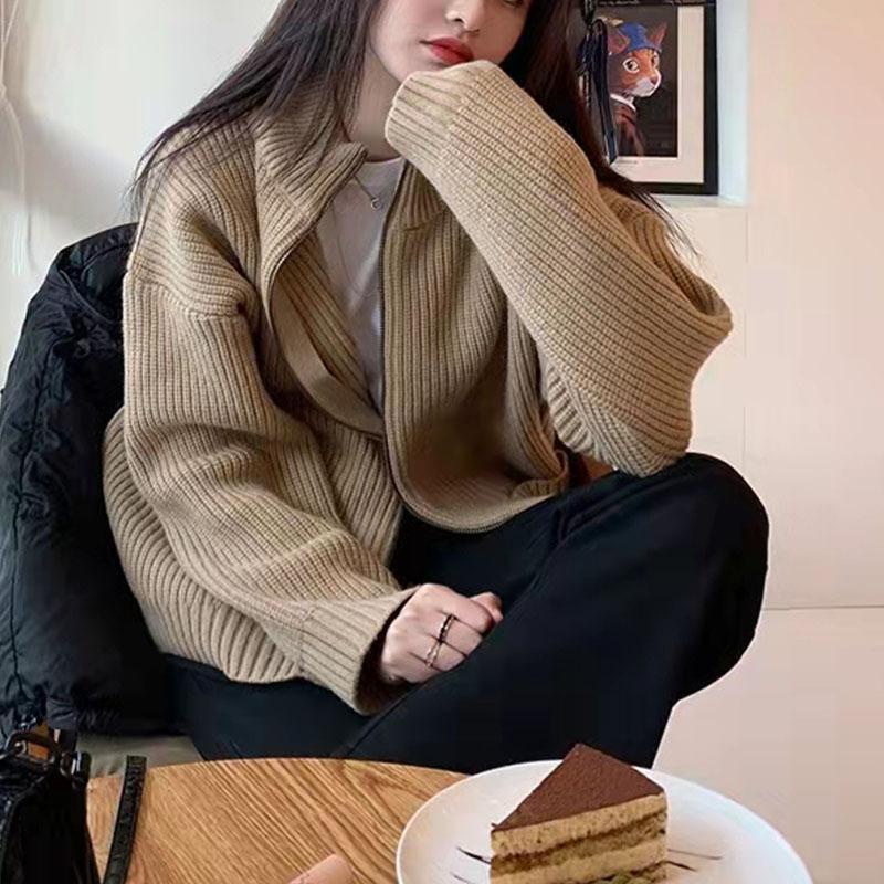 Áo Khoác Cardigan Dệt Kim Phối Khóa Kéo Màu Sắc Đơn Giản Phong Cách Retro