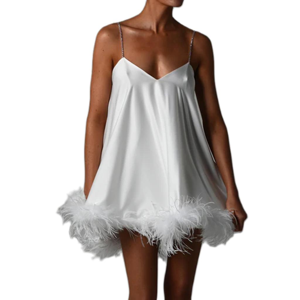 Bay-Women Fashion Mini Dress Solid Color Plush Trim V-Neck Chain Spaghetti Strap Sling Dress Summer Sleeveless Backless Party Dress