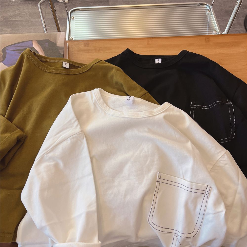 Áo Thun Dài Tay Màu Trơn Thiết Kế Độc Đáo Thời Trang Mùa Thu Cho Bé