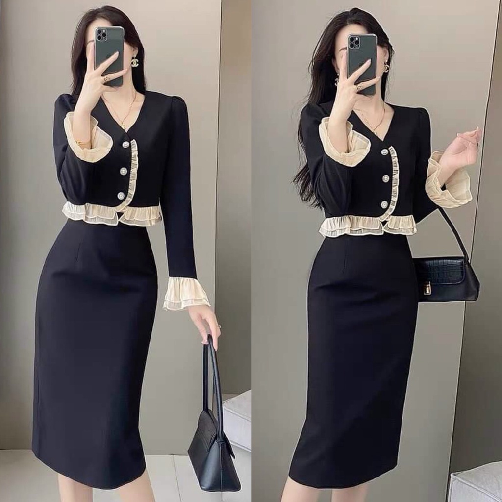 Sét Đồ Bộ Nữ Áo Dài Tay Phối Viền Bèo Voan Cài Nút Thật & Chân Váy Dài Thời Trang Kiểu Cách Đi Chơi, Làm Công Sở