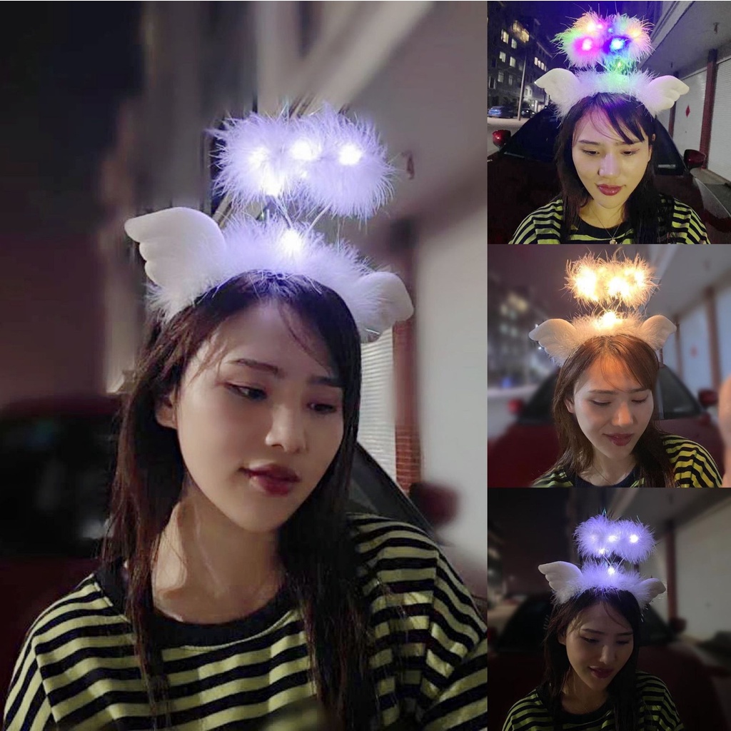 Băng đô PHÁT SÁNG cài tóc trang trí sừng tuần lộc có đèn LED vàng ấm áp hồng