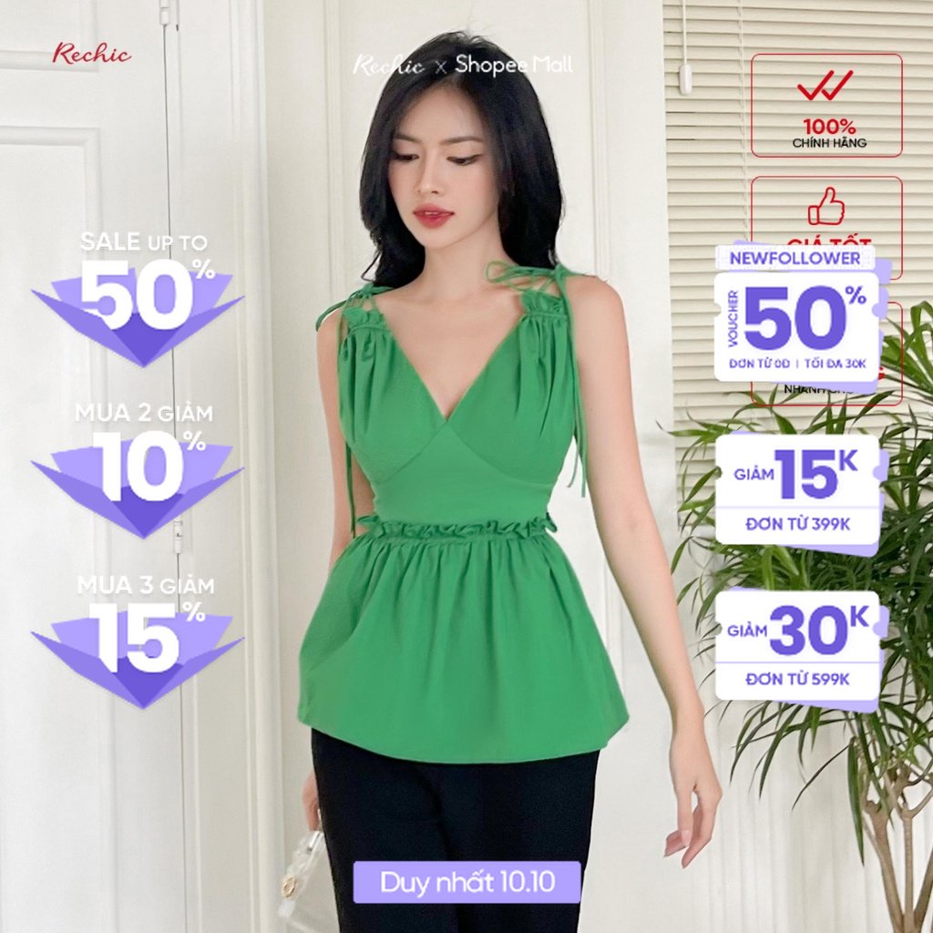 RECHIC Áo kiểu Anna cổ V kiểu chiếc eo cúp ngực nữ tính trẻ trung phù hợp đi dạo phố