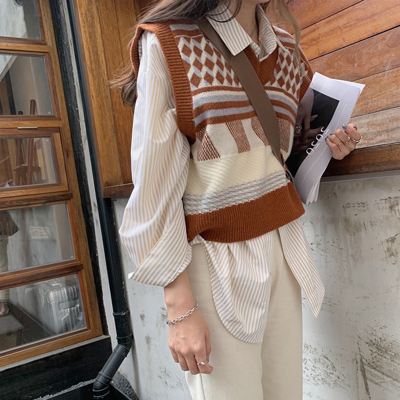 Áo Gile Nữ Áo Khoác Len Không Tay Dáng Rộng Họa Tiết Sọc Caro Thời Trang Thu Đông Aimeehouse