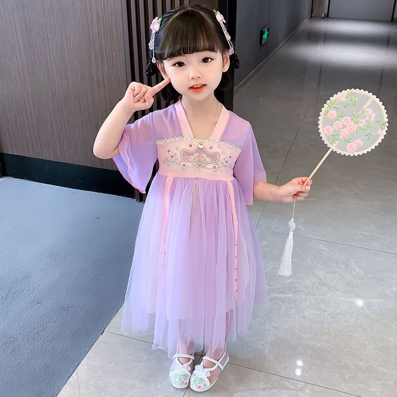 Đầm Công Chúa Hán Phục Tay Ngắn Phối Lưới Mỏng Thêu Họa Tiết Thời Trang Mùa Hè 2022 Mới Phong Cách Trung Hoa Cho