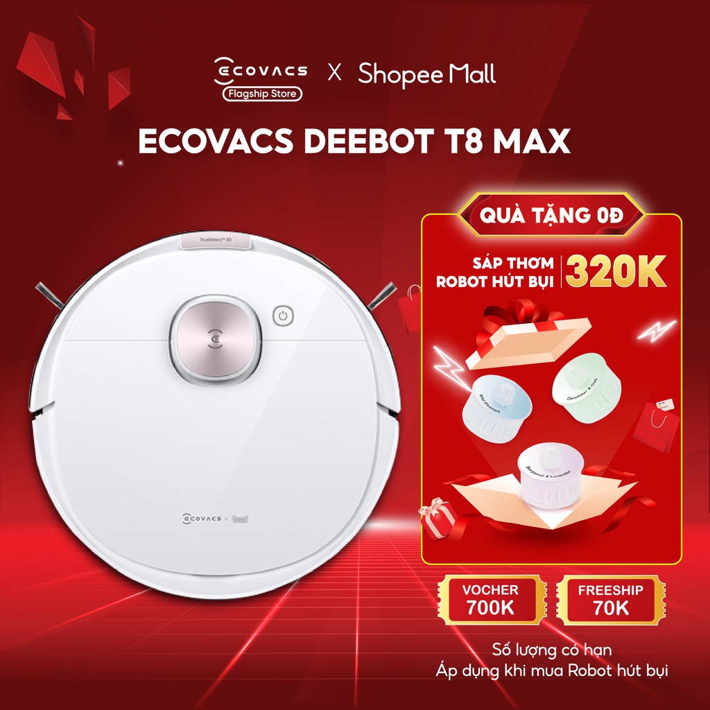 Robot Hút Bụi Lau Nhà Ecovacs Deebot T8 Max - Tự Động Sạc Khi Yếu, Thiết Lập Chu Trình Làm Sạc Liên Tục Trong 3 Giờ