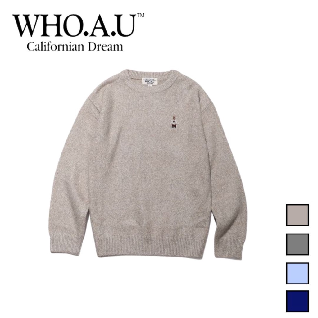 Áo  sweater WHO.A.U WHKAC4T01U tay dài thêu Steve Bear form unisex rộng dễ phối chất liệu Acrylic 60% Nylon 37% Wool 3%