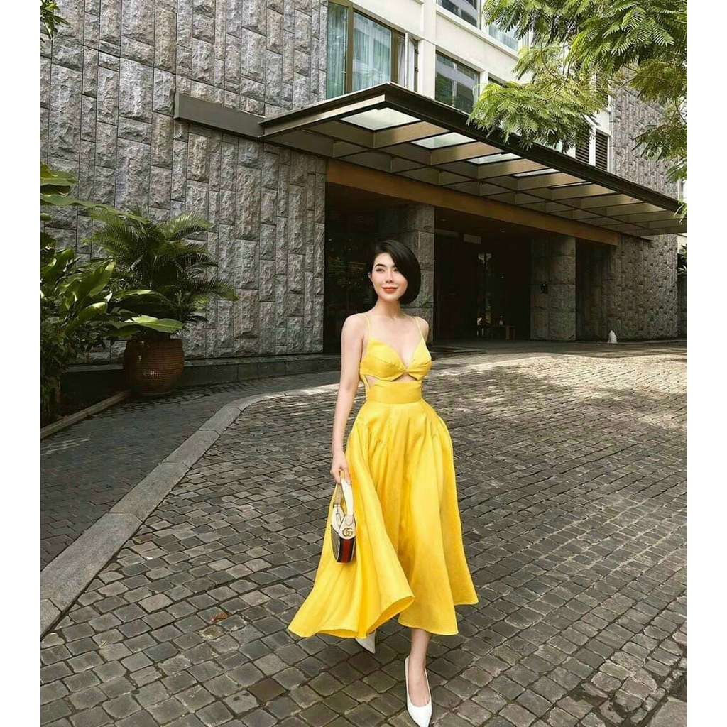 [11.11 Sale Freeship] Đầm thời trang đi biển mùa hè,đầm hai dây có cúp khoét hai bên eo chất lụa xếp ly dáng xoè dài mtb