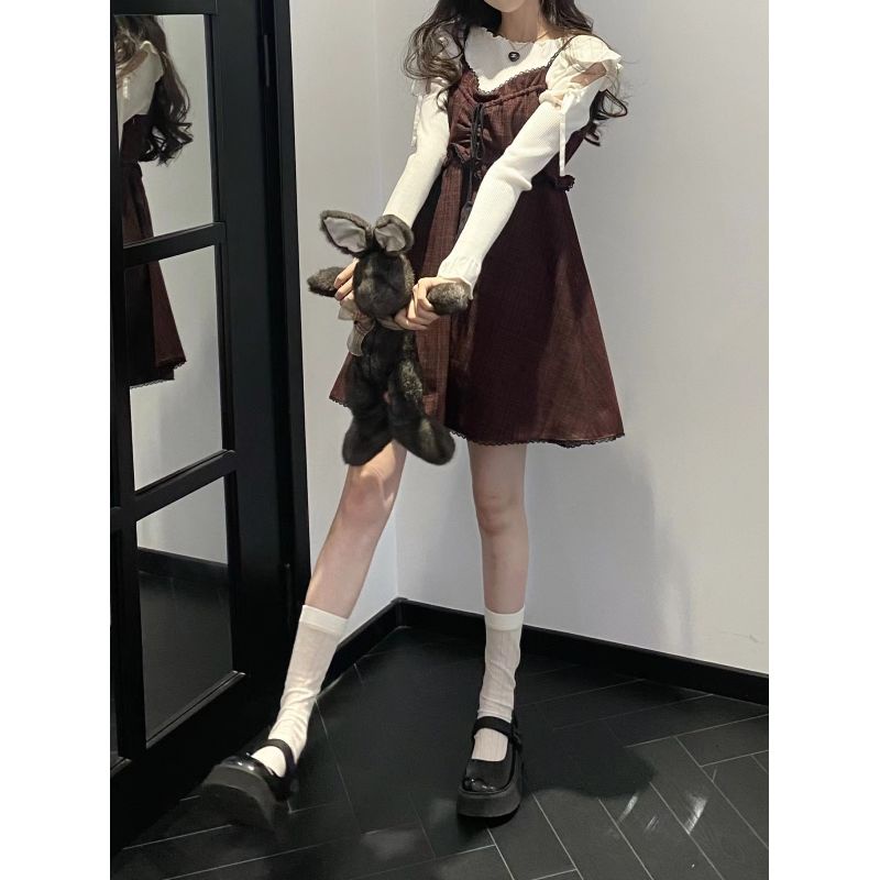 Jiashucheng Áo Thun Tay Dài Dáng Ôm Hở Vai Viền Nấm Viền Hở Vai Phong Cách Hàn Quốc