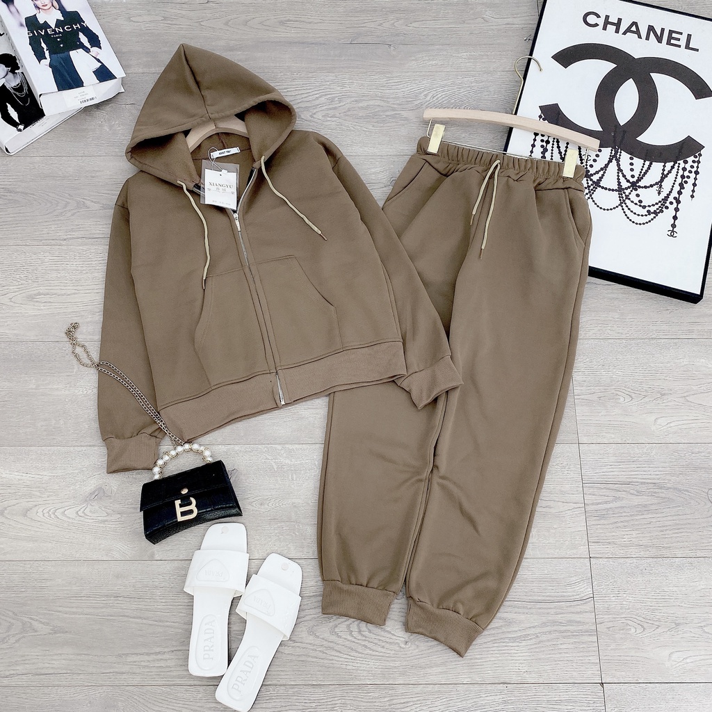 Set áo khoác nỉ bông kéo khoá kèm quần dài trơn dày dặn