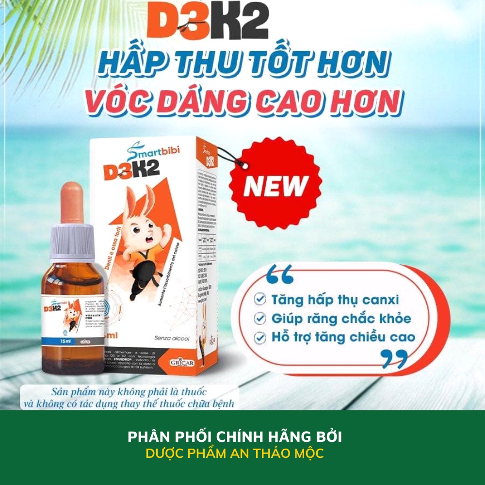 Siro Smartbibi D3K2 bổ sung vitamin tăng khả năng hấp thu canxi xương răng chắc khỏe phát triển chiều cao 15ml