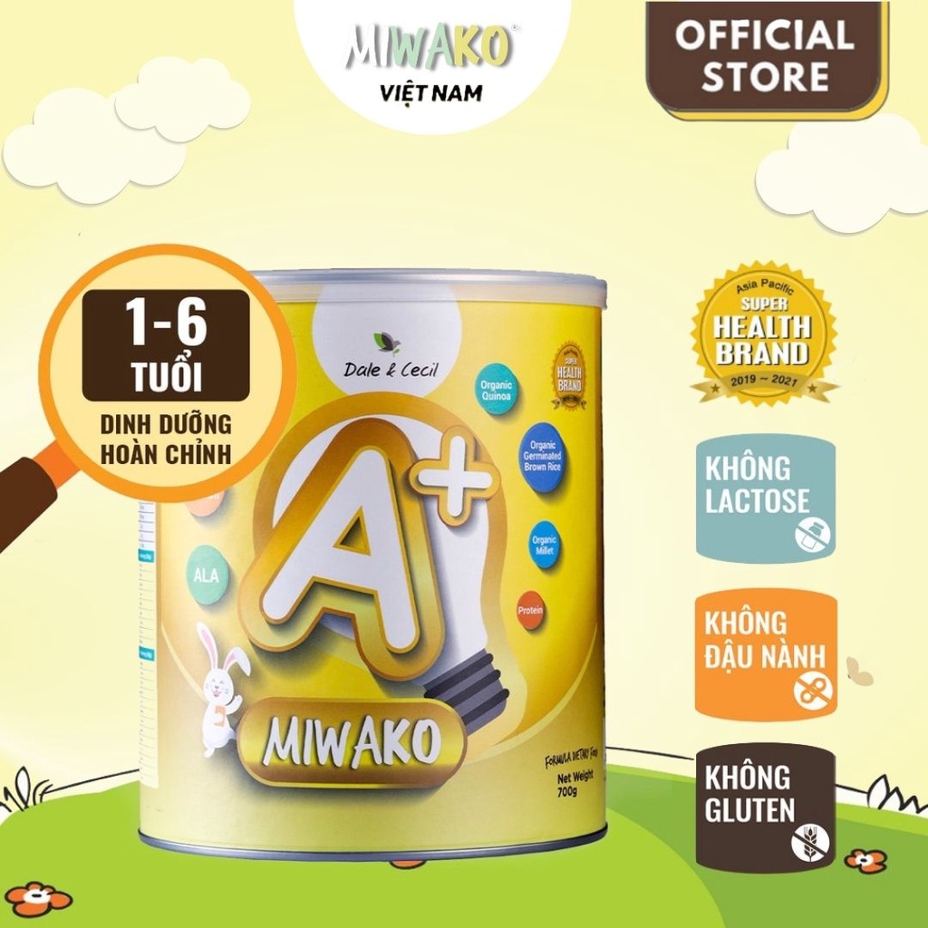 Sữa Công Thức Hạt Thực Vật Hữu Cơ MIWAKO A+ Vị Vani 700g x 6 hộp (4.2kg) - Miwako Official Store