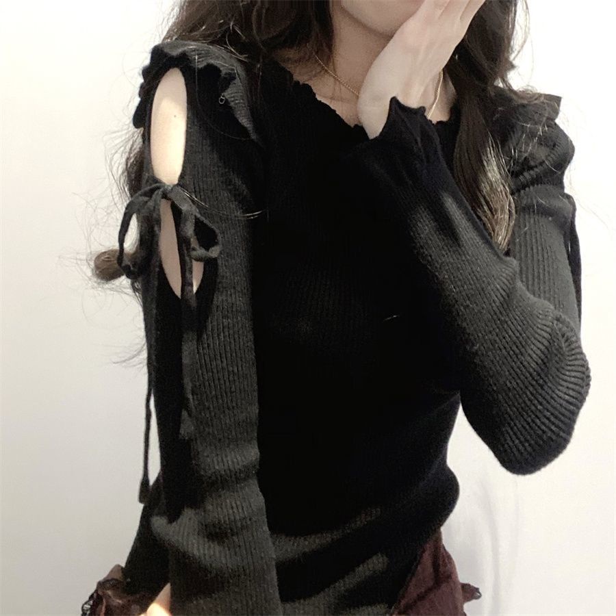 Jiashucheng Áo Thun Tay Dài Dáng Ôm Hở Vai Viền Nấm Viền Hở Vai Phong Cách Hàn Quốc