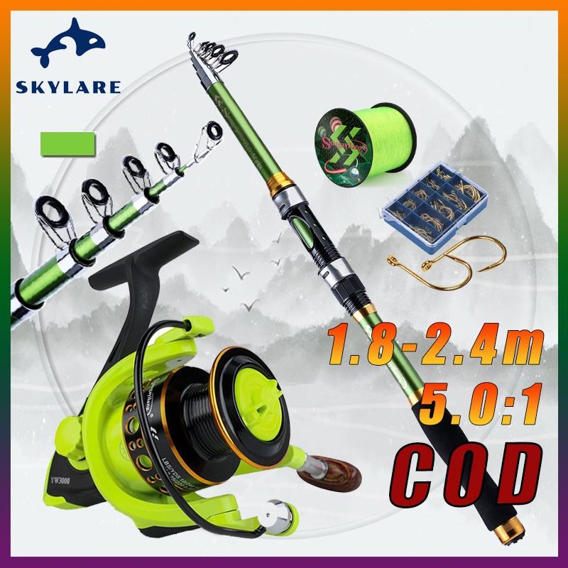 Bộ cần câu máy，Cần Câu Cá 1.8-2.4m +12BB Máy Câu Cá，tỷ lệ tốc độ 5.0: 1，Tay trái/bên phải，Cơ thể kim loại