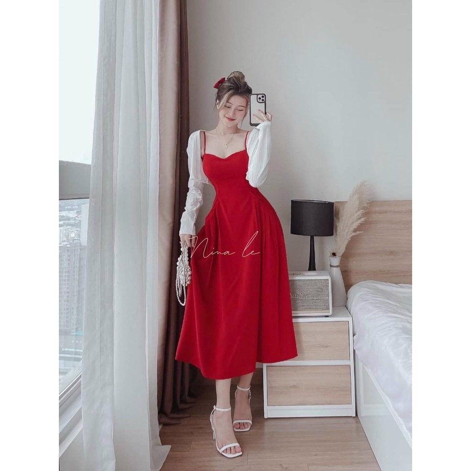Sét váy đầm nữ hai dây cúp ngực xếp lý hai túi mix áo khoác tay dài trắng cực xinh xắn
