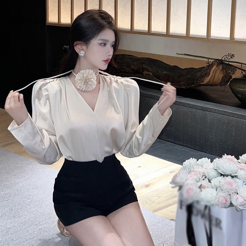 Áo Sơ Mi Nữ Tay Dài Cổ Chữ V Màu Trơn Thời Trang