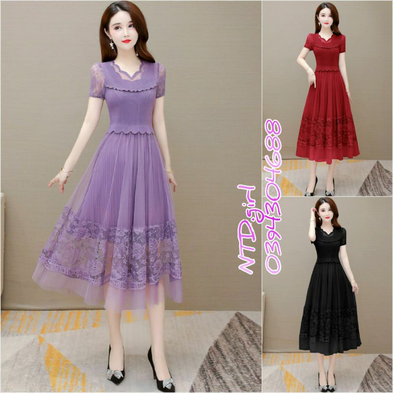 Hàng nhập - Đầm dáng xòe ren hoa phối lụa cổ gợn sóng, váy tiểu thư dự tiệc tay ngắn sang trọng