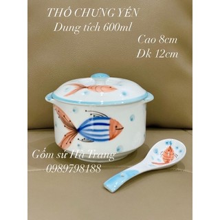 Thố chưng yến âu nắp đa năng dung tích 600ml gốm sứ Bát Tràng cao cấp vẽ cá