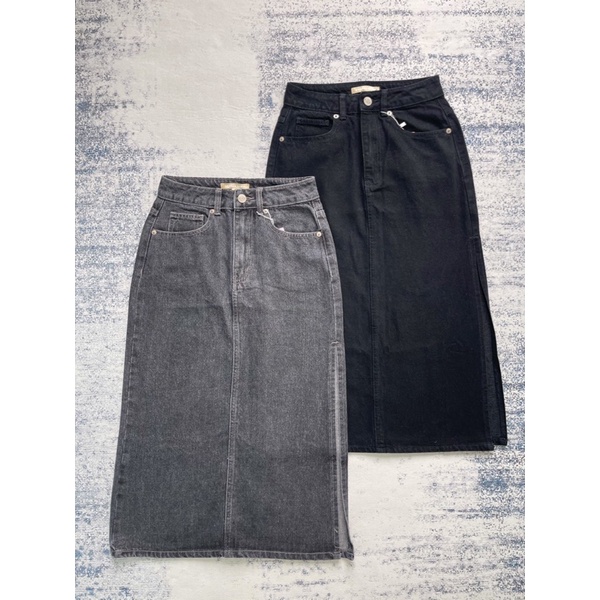 Chân váy jean dài xẻ cá tính đen xám LUCETFASHION Domi Jean Skirt
