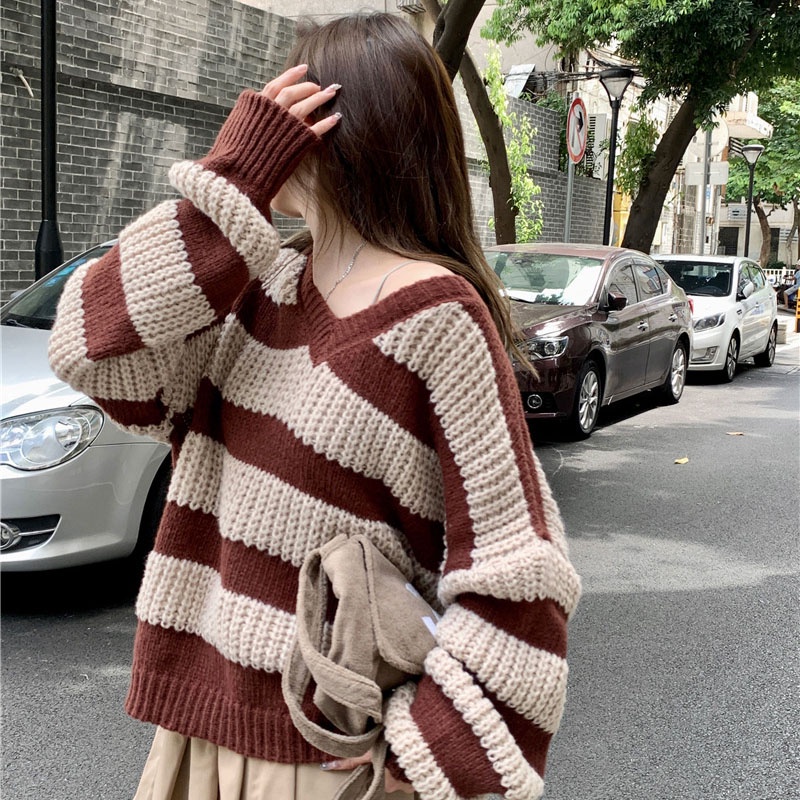 IELGY Áo Len Cổ Chữ V Dáng Rộng Họa Tiết Kẻ Sọc Phong Cách Hàn Quốc Thời Trang Cho Nữ