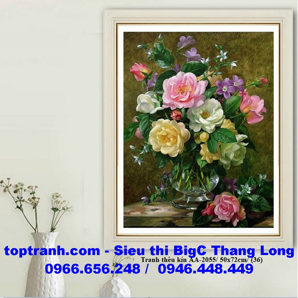 Tranh thêu chữ thập bình hoa hồng khoe sắc AA2055 chưa thêu